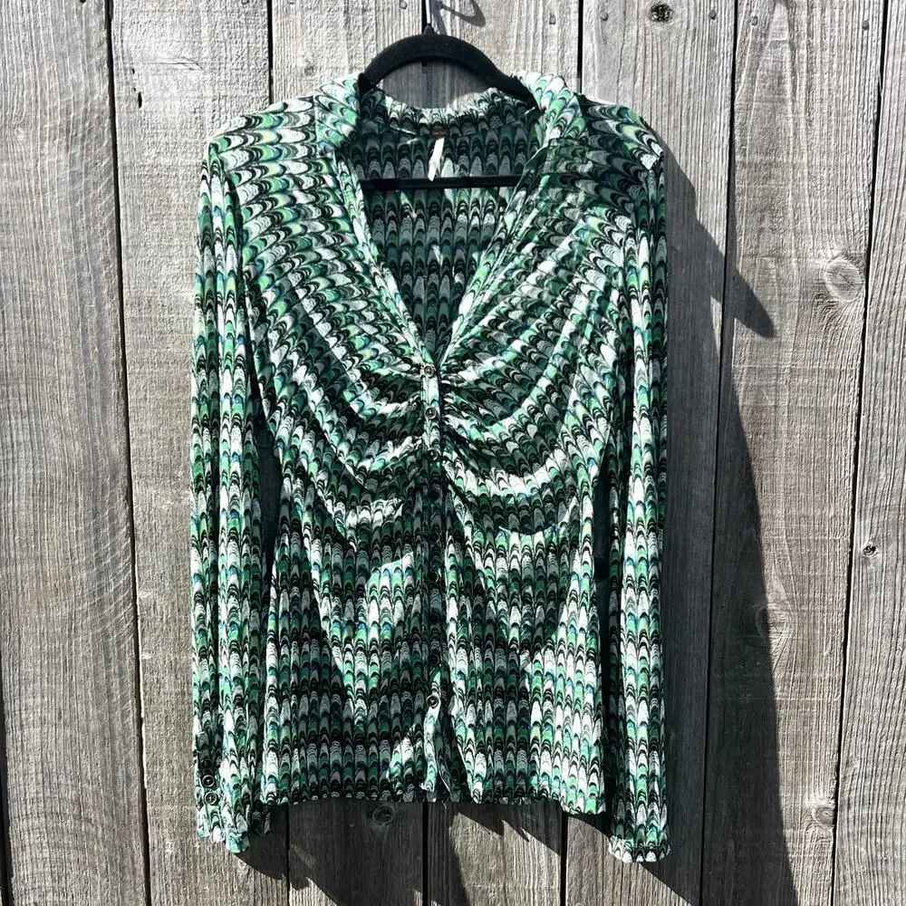 Free People | Lucky Shirtee Button Up Blouse Green Mesh Abstract Retro Groovy Sm